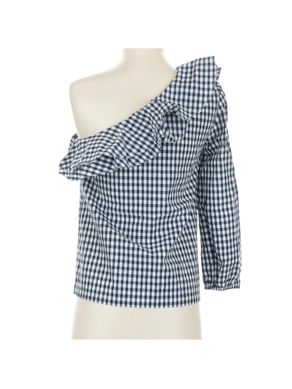 J.Crew One Shoulder Ruffle Top Gingham Navy White Size 0 NWT Summer Date Night - Picture 3 of 6